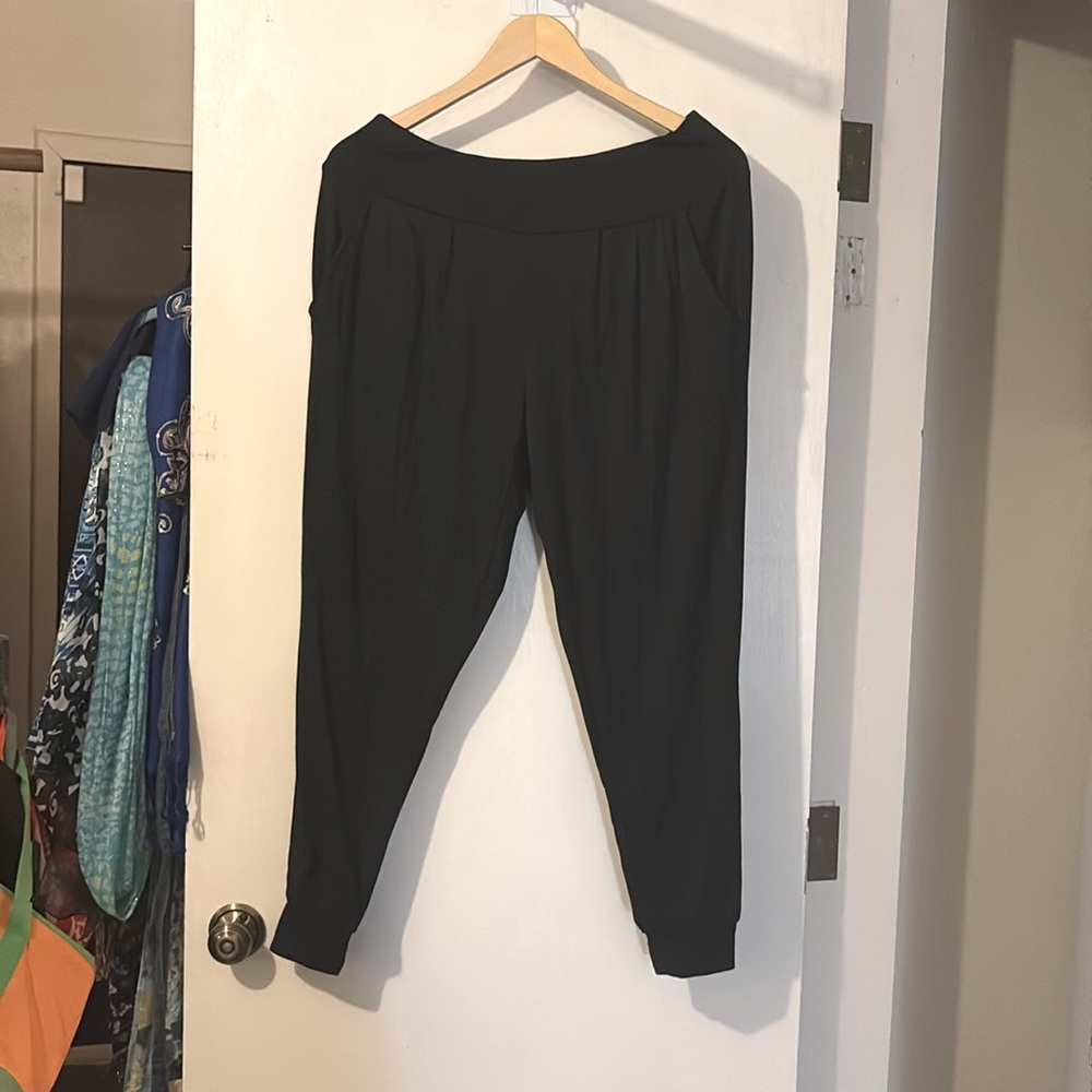 One step up black soft casual pants with a little flair.  Cuffed at the bottom.